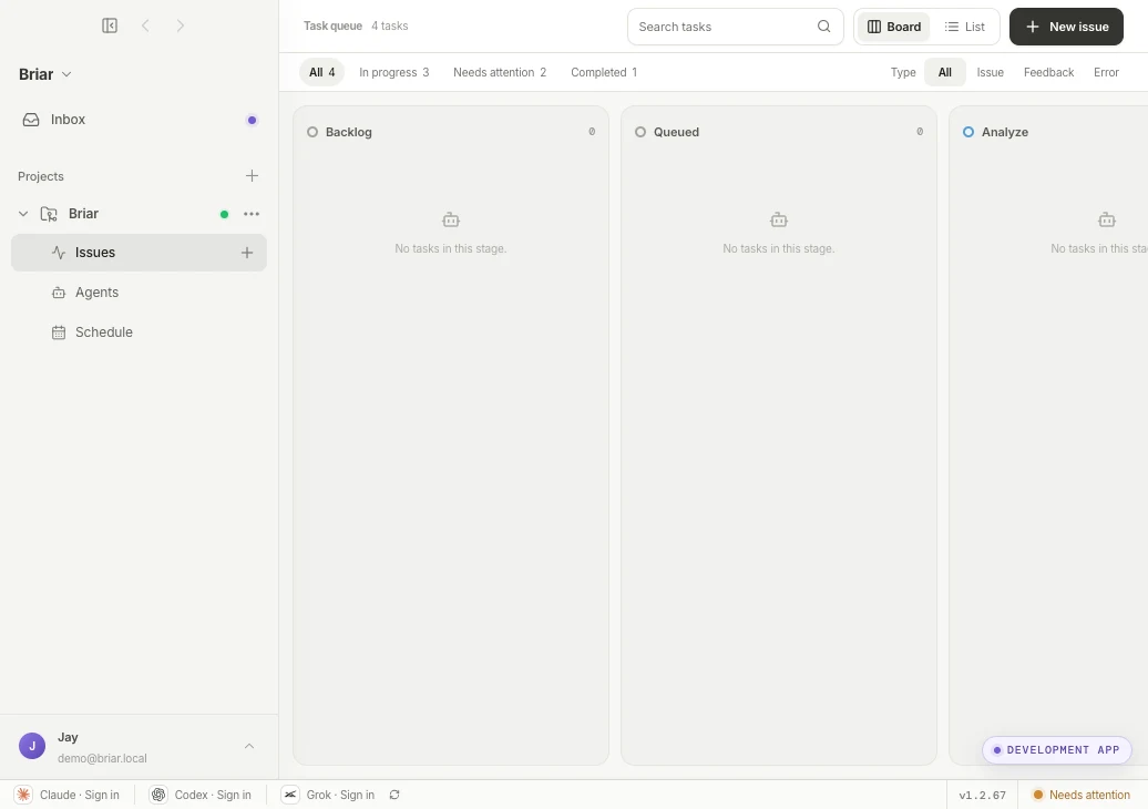 Briar issue processing kanban task board