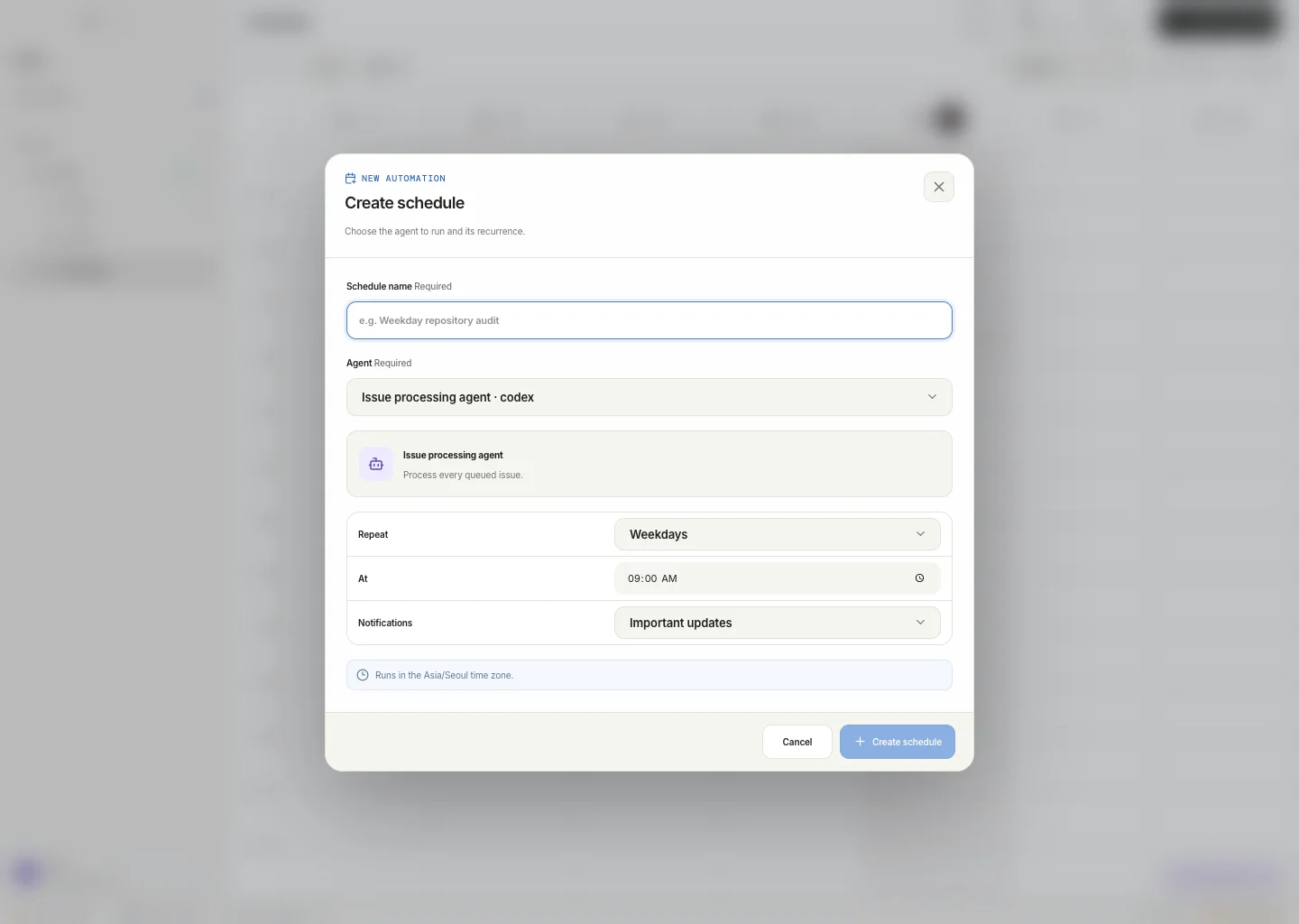 Briar create agent schedule dialog